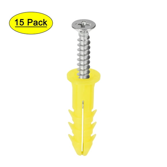 6X26mm Plastic Expansion Pipe Column Concrete Drywall Anchor Wall Plug Frame Fixings Tube with Screws Yellow 15 pcs