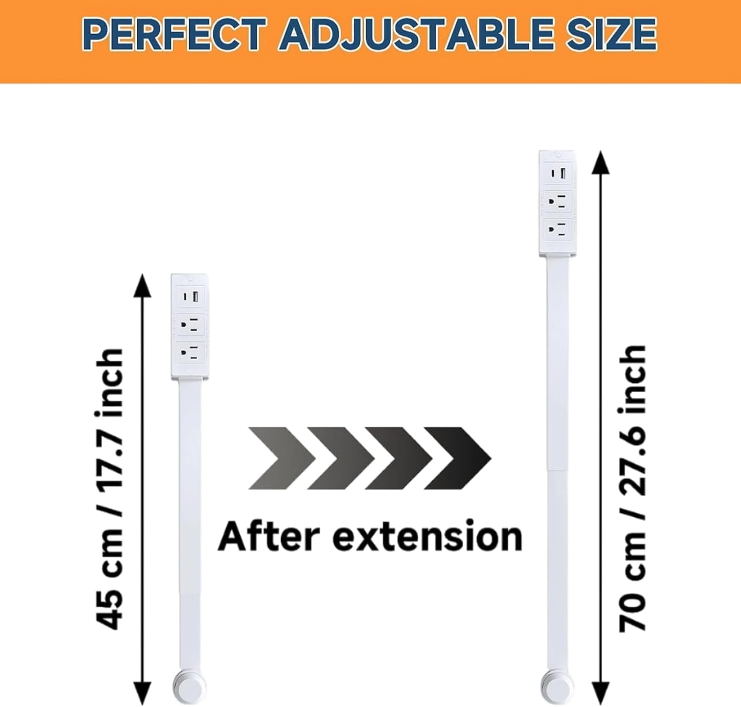 Outlet Extender Stick with Rotating Plug, Extendable 17"-27" Electrical Outlet with 2 AC Outlets/USB-A/USB-C Port, Perfect for Behind Couches, Nightstand, Desk