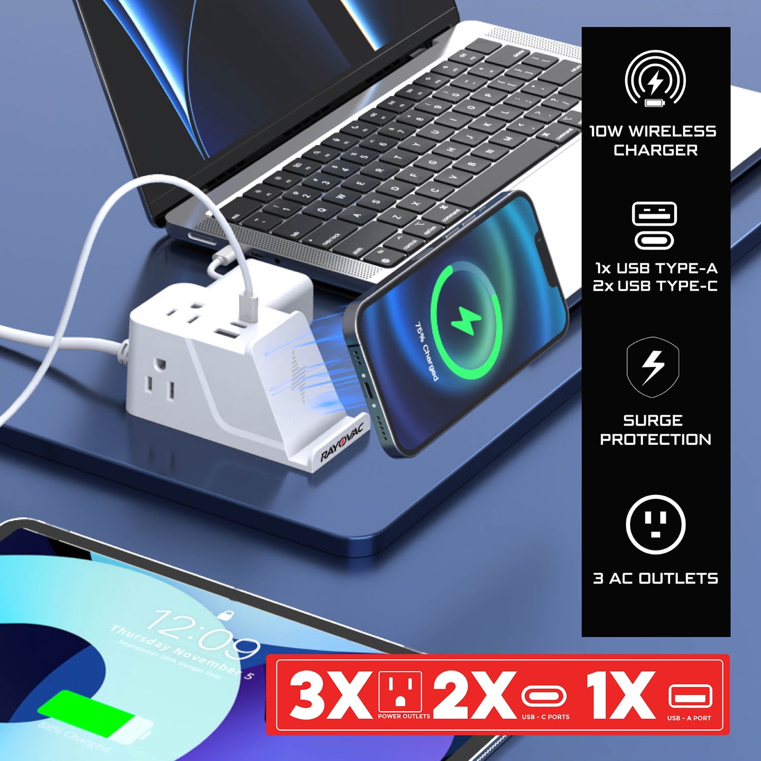 RAYOVAC Wireless Charging Station 3-AC Outlet 540-Joules Surge Protector with 1 USB-A and 2 USB-C Ports, 5-Ft. Cord