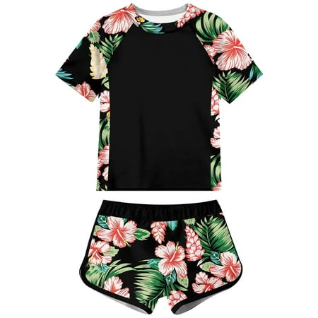 Zanarzt Baby Girl Rashguard Swimsuit Childrens Printed Swimsuit Beach Shorts Surfing Short Sleeve Swimsuit for Girls Pink 2-3 Years