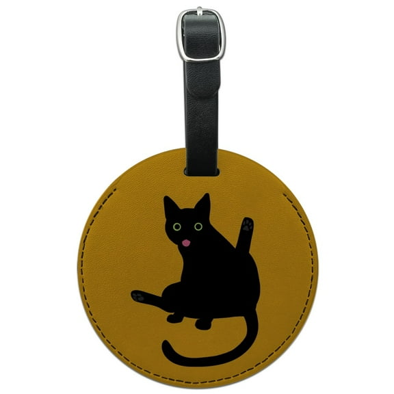 Black Cat Lifting Leg and Licking Round Leather Luggage Card Suitcase Carry-On ID Tag