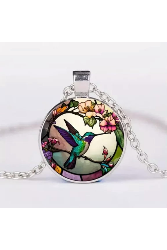 Hummingbird Flower Round Pendant Necklace Men Women Fashion Exquisite Glass New