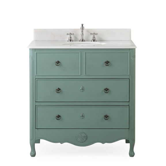 Benton Collection 34" Vintage Blue Cottage Bathroom Vanity with White Marble Top
