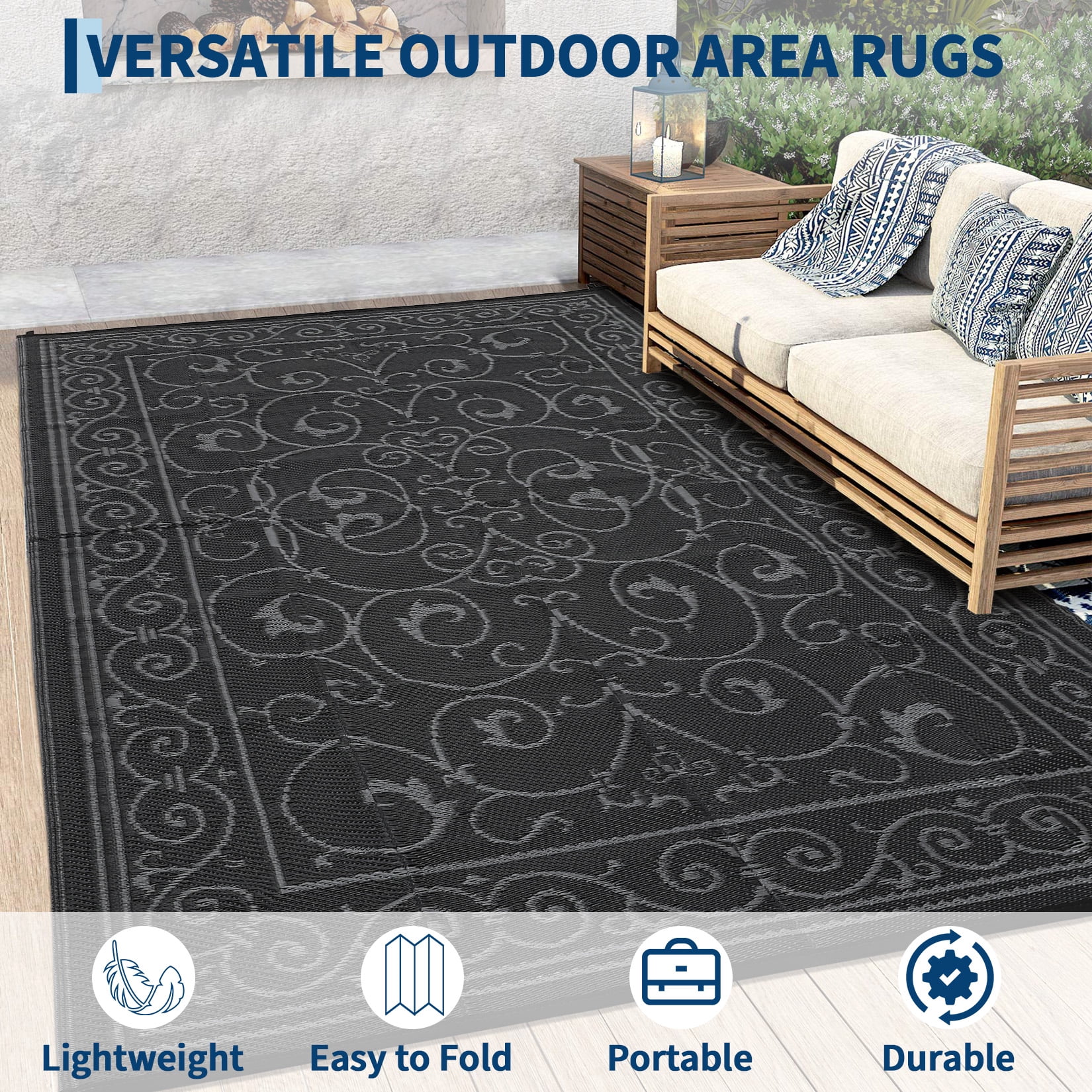 HIWEAVER 8' x 10' Black/Gray Outdoor Rug PP Plastic Straw Woven Waterproof Patio Rug with Border Portable Outside Carpet for Balcony Deck Picnic Garden Decor