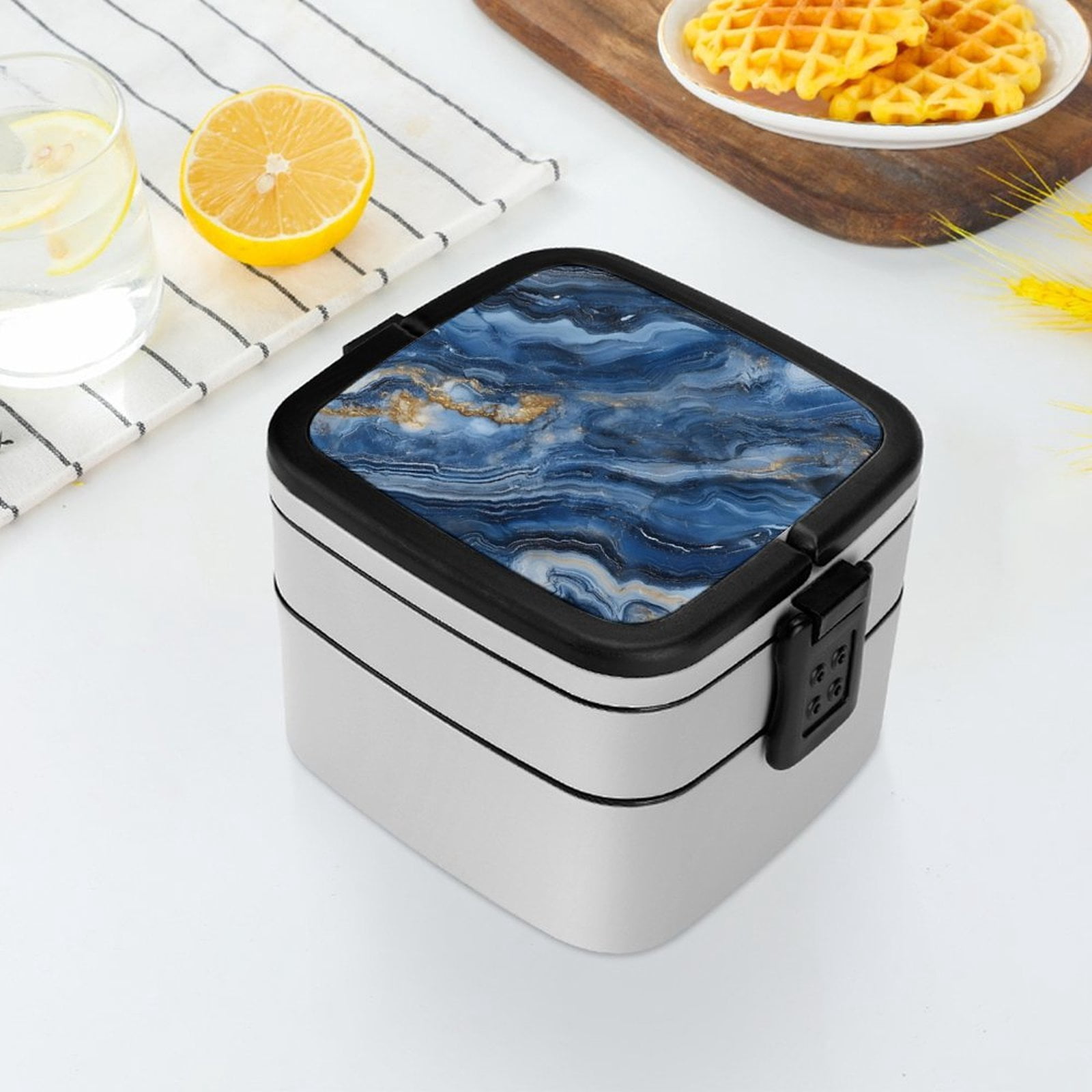 5.3×4.3in Double-Layer Bento Box Sealing Leakproof Partition Design Buckle Design Convenient Switch With Handle SteelBlue Marble_3