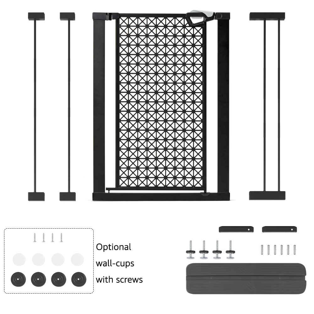 Unipaws 39.4” Tall Pressure Mounted Pet Gate, Fits 29-43 Inches Wide Dog Gate with 2.8" & 5.5" Extensions and Auto-Close and Hold-Open Door, No Drill, Black Geometric Design