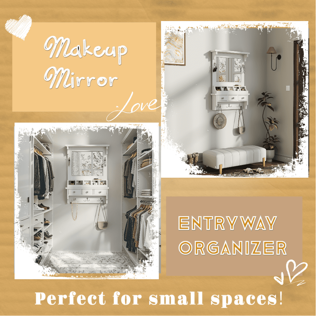 Euroco Wall-Mounted Floating Makeup Vanity with HD Mirror, Drawers, Hooks & Storage Pockets, Pre-Assembled Organizer for Entryway, Bedroom or Bathroom