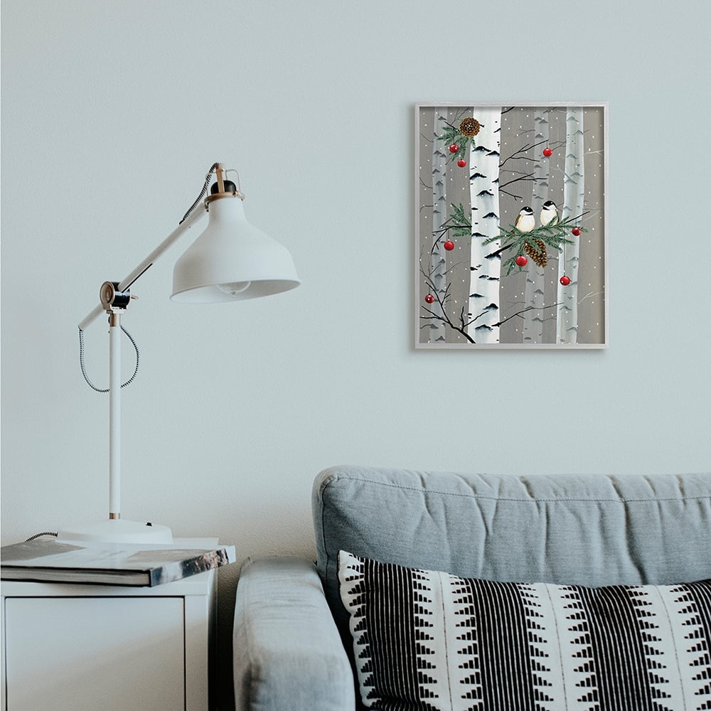 Stupell Indtries Birds and Holiday Ornaments Birch Tree Forest Gray Framed by Grace Popp