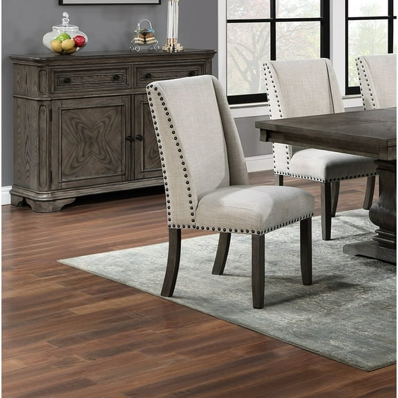 2pc Upholstered Wingback Dining Chairs, Oak Finish, Bronze Nailhead Trim And Cozy Seat Fabric Captivating