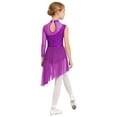thumbnail image 4 of Kaerm Kids Girls Lyrical Dance Dress Asymmetrical Skirted Leotard Long Sleeve Modern Contemporary Dance Dress Purple 14, 4 of 5