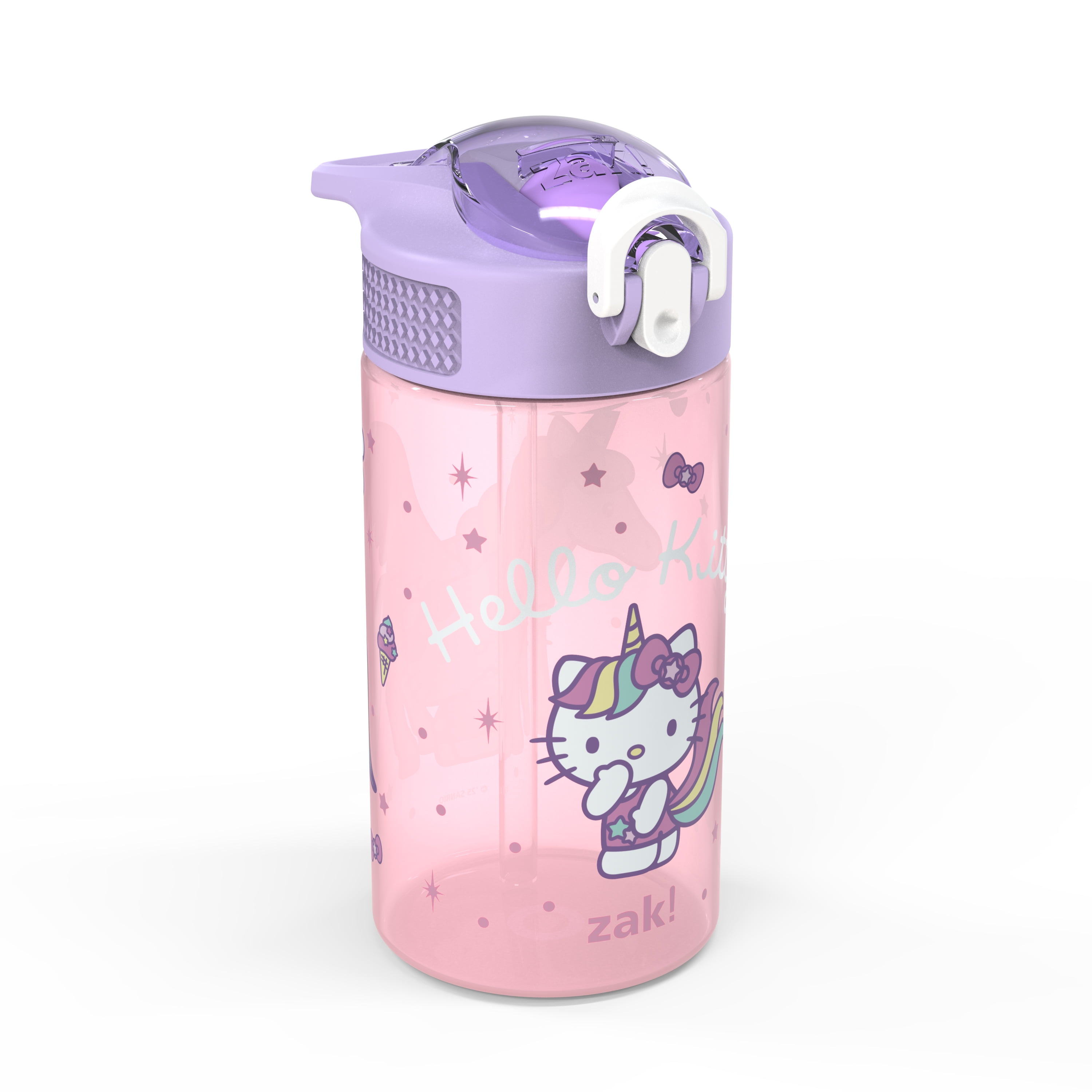 Zak Designs 16oz Hello Kitty Kids Straw Water Bottle, Durable Plastic Park Bottle with Easy-Open Locking Spout Cover for Travel, Built in Carry Handle