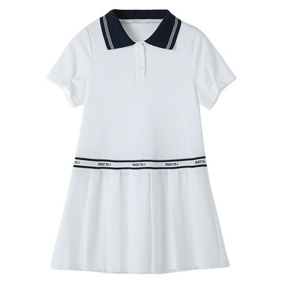 WhouRiu Girls Short Sleeve Pleated Polo Dress Loose School Uniform Dress White,Sizes 4-5