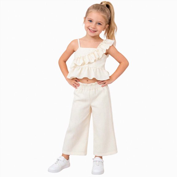 UngA Toddler Girls Cute Ruffle Sleeve Crop One Shoulder Tank Top and Pleated Wide Leg Pants Set Two Piece Summer Outfits 6-7 Years,White