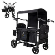 Wagon Stroller 2 Seater with 5-Point Harnesses, Collapsible Wagon with Sun Canopy, Adjustable Handles, Removable Canopy,Black