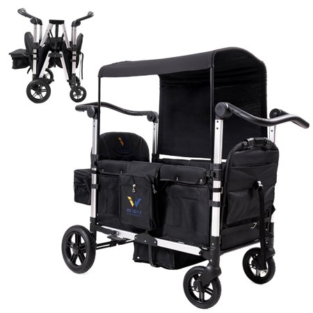 Wagon Stroller 2 Seater with 5-Point Harnesses, Collapsible Wagon with Sun Canopy, Adjustable Handles, Removable Canopy,Black