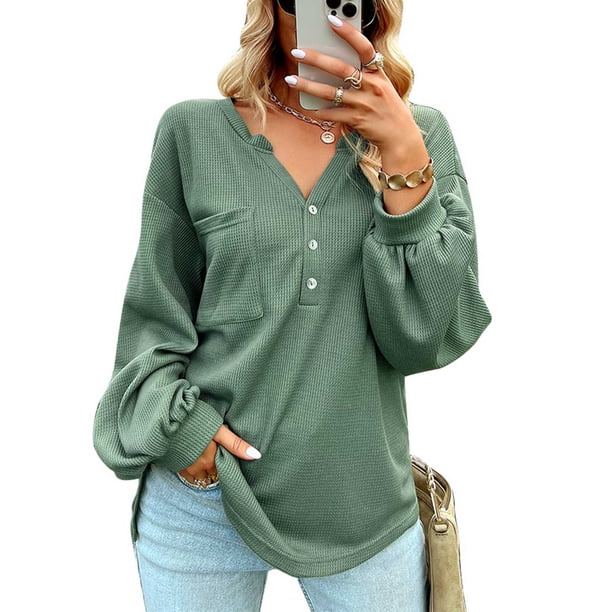 Camiseta De Punto Con Cuello En V, Bolsillo En El Pecho Cómoda Parte Superior Suelta De Punto Suave Abotonada Para Otoño Invierno ANGGREK Otros