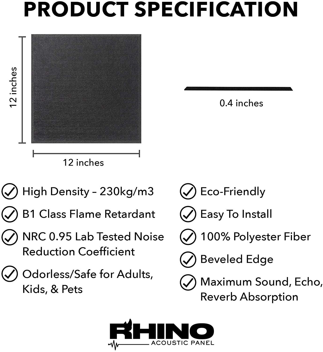 RHINO Acoustic Panel Black 12" x 12" x 0.4" Thick NRC Sound Bass Isolation 6 Pieces Beveled Edges