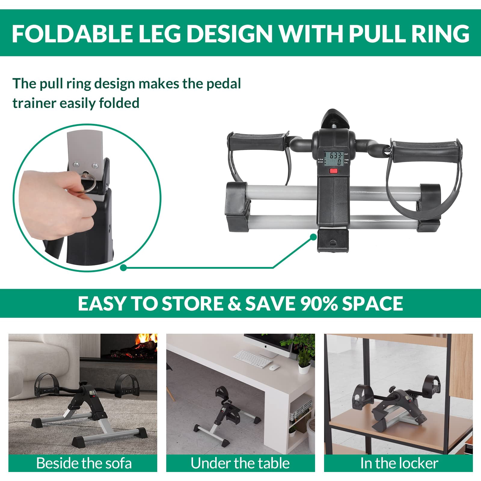 VIVIJASON Pedal Exerciser - Folding Portable Exercise Peddler - Under Desk Mini Exercise Bike for Arm/Leg Workout - Adjustable Fitness Rehab Equipment for Elderly Seniors with LCD Display