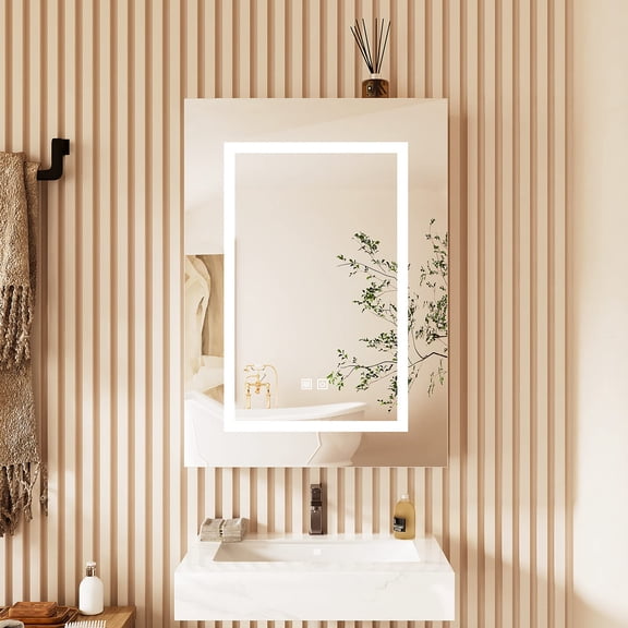 LED Lighted Medicine Cabinet With Defogger, Mirror & 3 Shelves, Wall Mounted, 20x28 Inch, Beige Finish