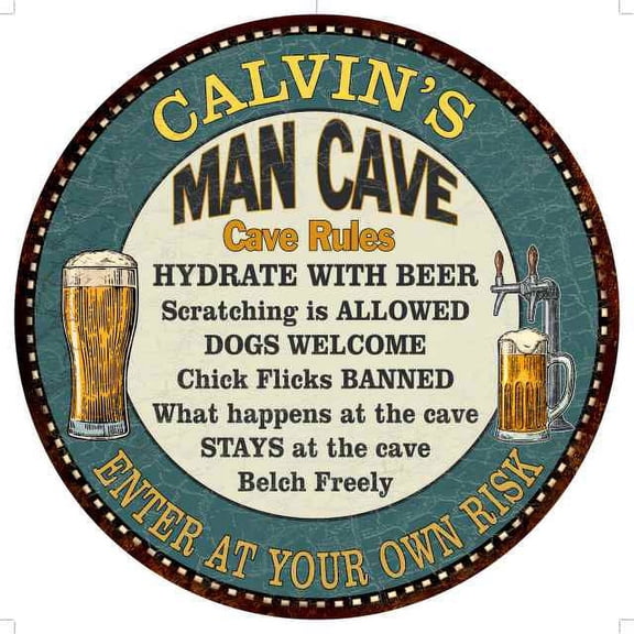 CALVIN'S Man Cave Rules 14" Round Metal Sign Garage Wall Decor 100140009253