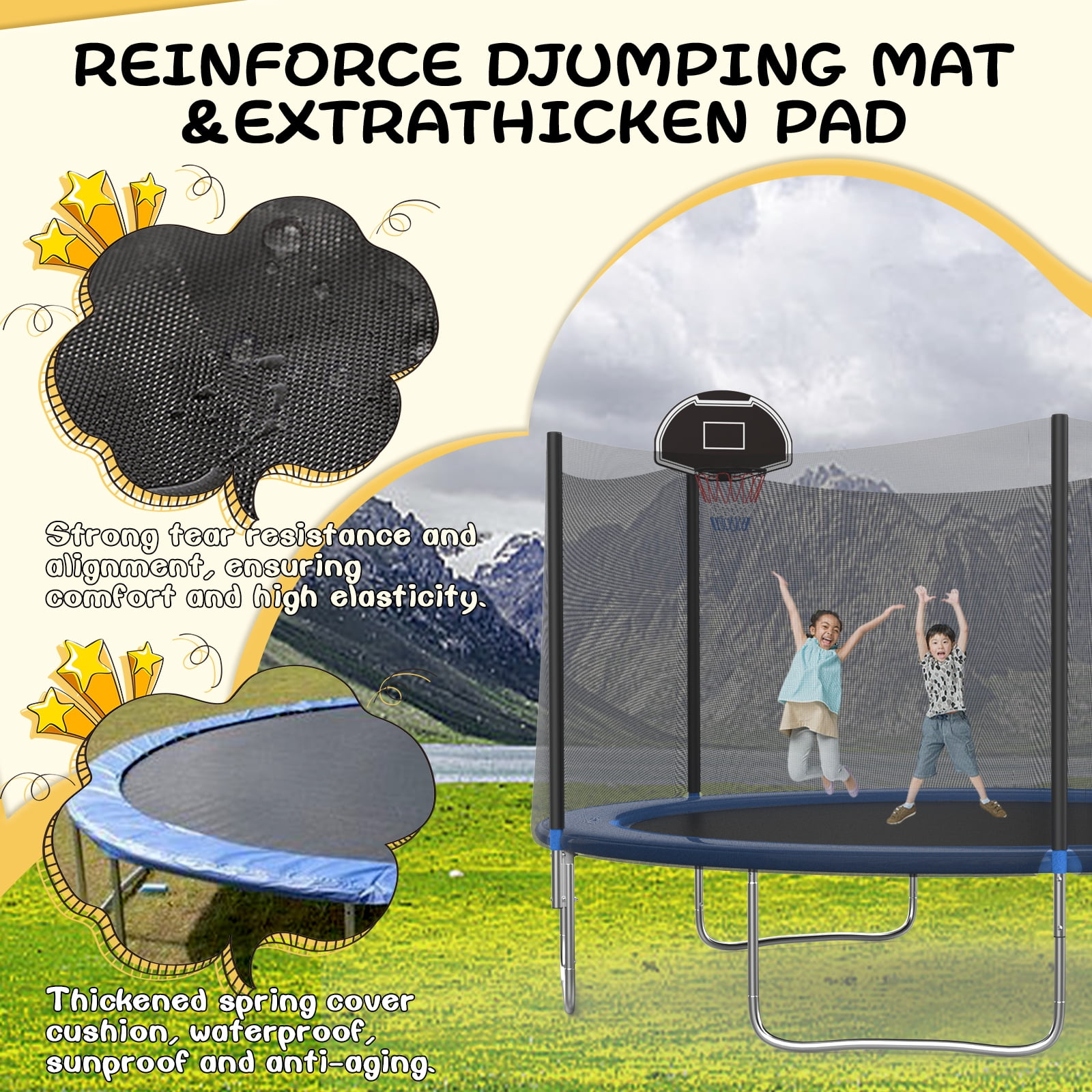 14FT Outdoor Trampoline with Basketball Hoop and Ladder for Kids and Adults，Heavy Duty Recreational Trampoline with Safety Enclosure,Anti-Rust Frame,Backyard Trampoline for Gift,Black