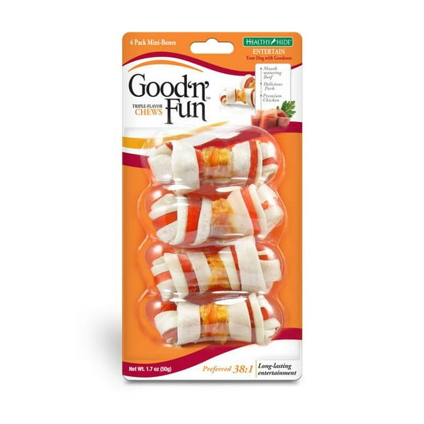 Good 'n' Fun Triple Flavor Rawhide Dog Chews, Mini Bones, 4 Count (1.7