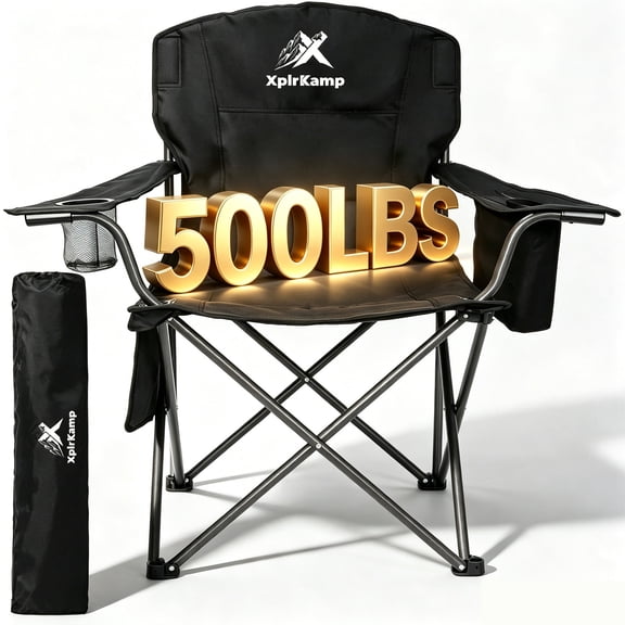 XplrKamp XL Camping Chairs for Adults up to 500LBS, Heavy Duty Folding Portable Lawn Chair for Outdoor Travel Fishing Beach Picnic,Black