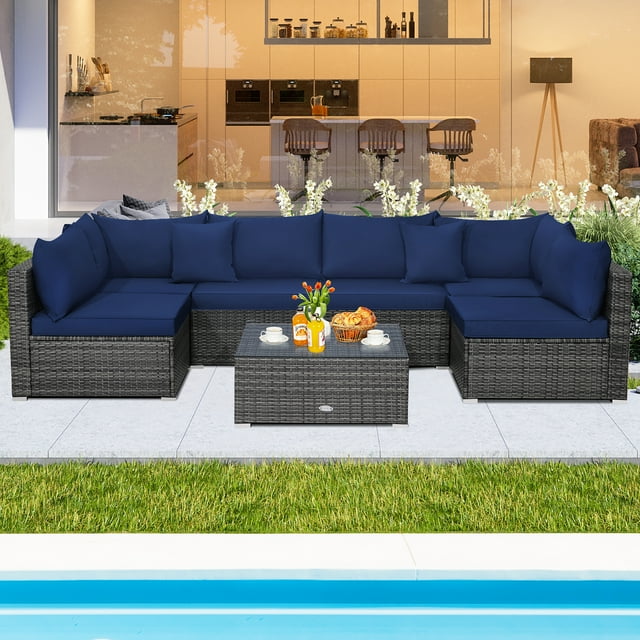 Costway Ensemble de Mobilier de Terrasse en Rotin 7 Pcs Canapé Sectionnel Coussiné Jardin Bleu Marine