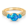 thumbnail image 2 of Gem Stone King 18K Yellow Gold Plated Silver Blue Opal and White Moissanite Engagement Ring for Women (1.44 Cttw, Gemstone October Birthstone, Round Cabochon 7MM and 4MM, Size 7), 2 of 3