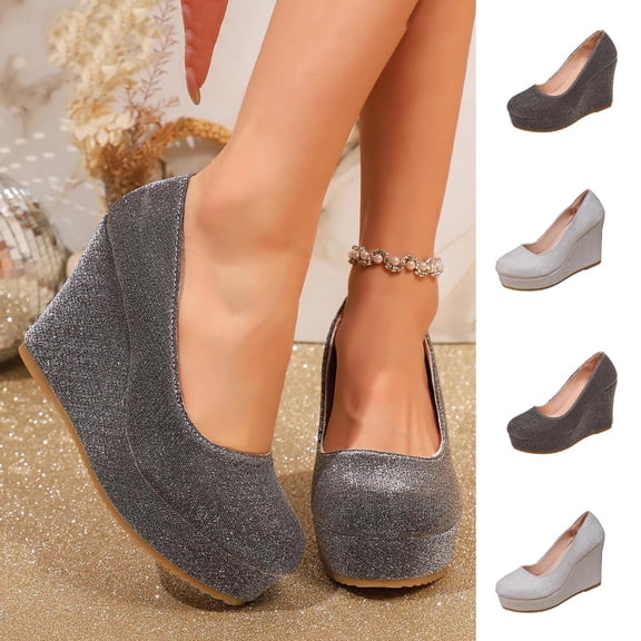 YTCAMLO Shiny Womens Platform Wedge Pumps Casual Slip on Close Round Toe Dress Shoes Bridal Wedges Heels for Club Date Night