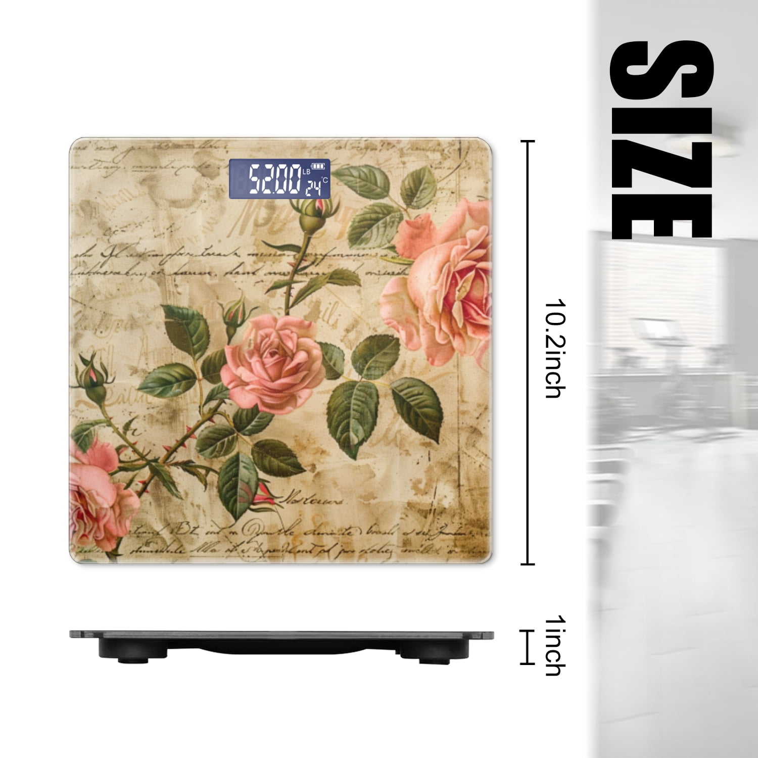 High Precision Body Weight Scale Smart Bathroom Scales with Large LCD Display(400lbs),Decorative for Bedroom-Vintage Roses And Script On Vintage Paper Background