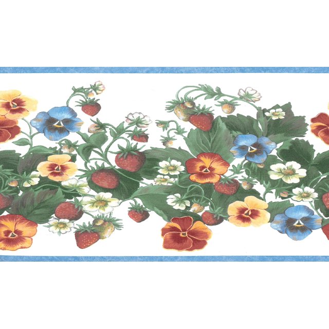 Bordure de Papier Peint Préencollé - Fleurs Bleues, Rouges, Jaunes, Oranges, Baies sur le Mur de Vigne Design Rétro, 4,57 M x 15,88 Cm (15 Pi x 6,25 Po)