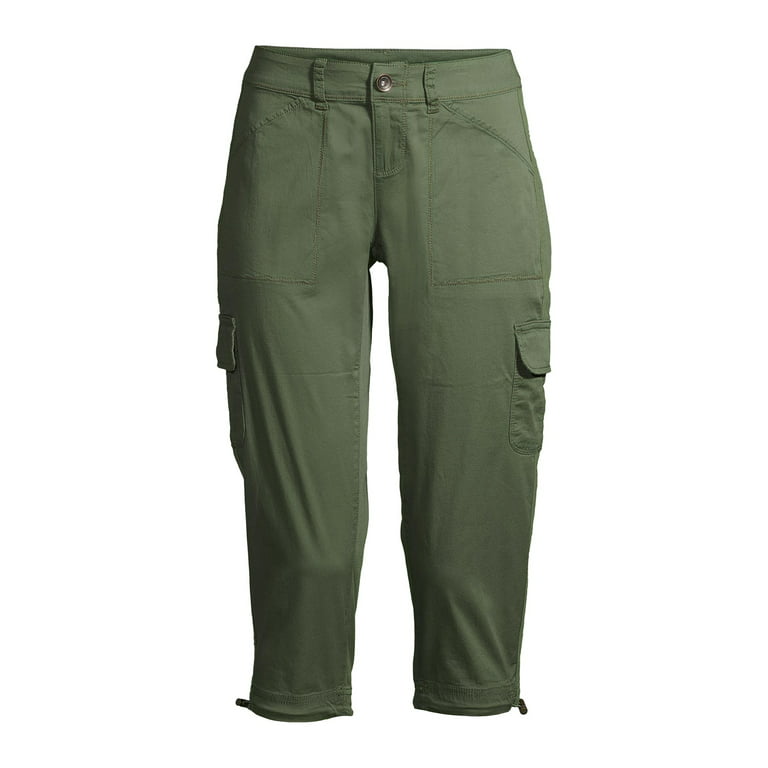 Basic Edition Capri Cargo Pants Womens Large Snap Pocket, Olive Green
