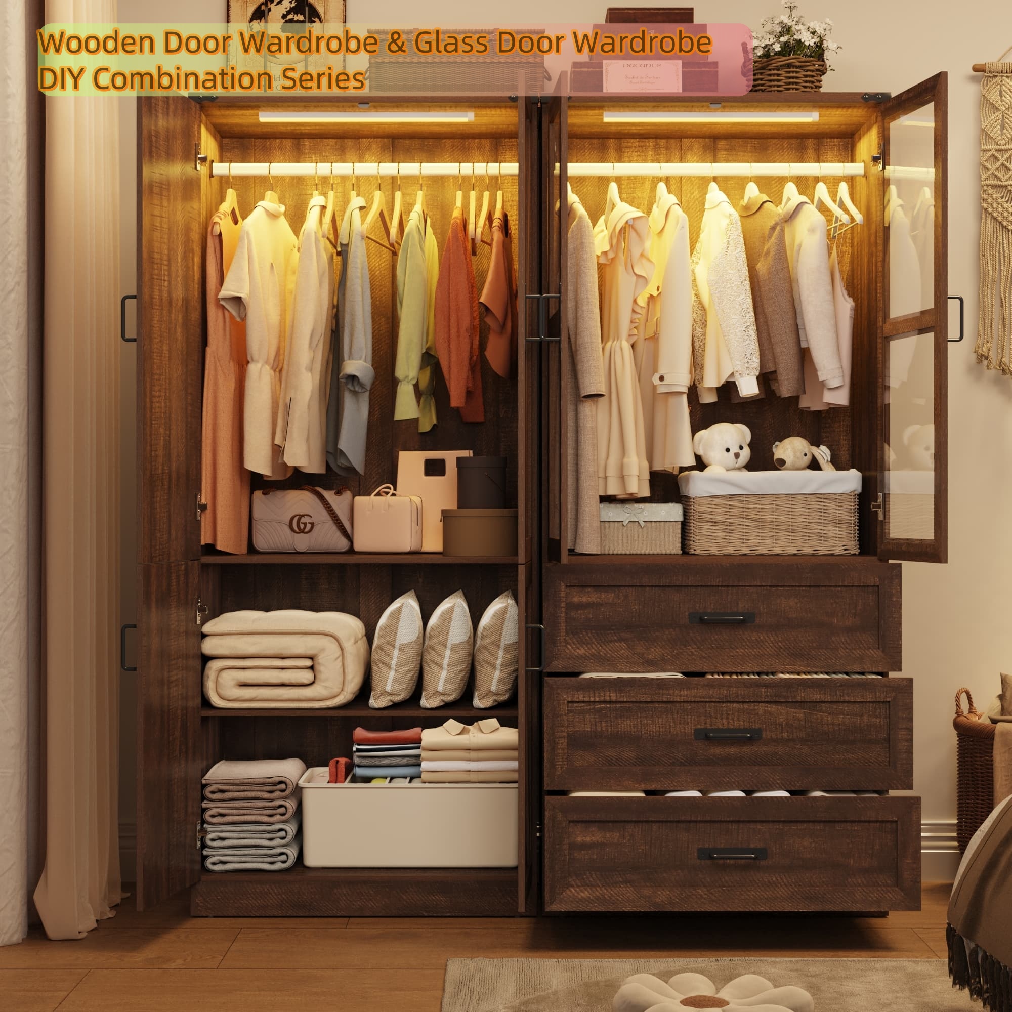 2 Glass Doors Armoire Wardrobe Closet with 3 Drawer & LED Light,75"H Wardrobe Closet Clothing Organizer with Hanging Rail for Bedroom