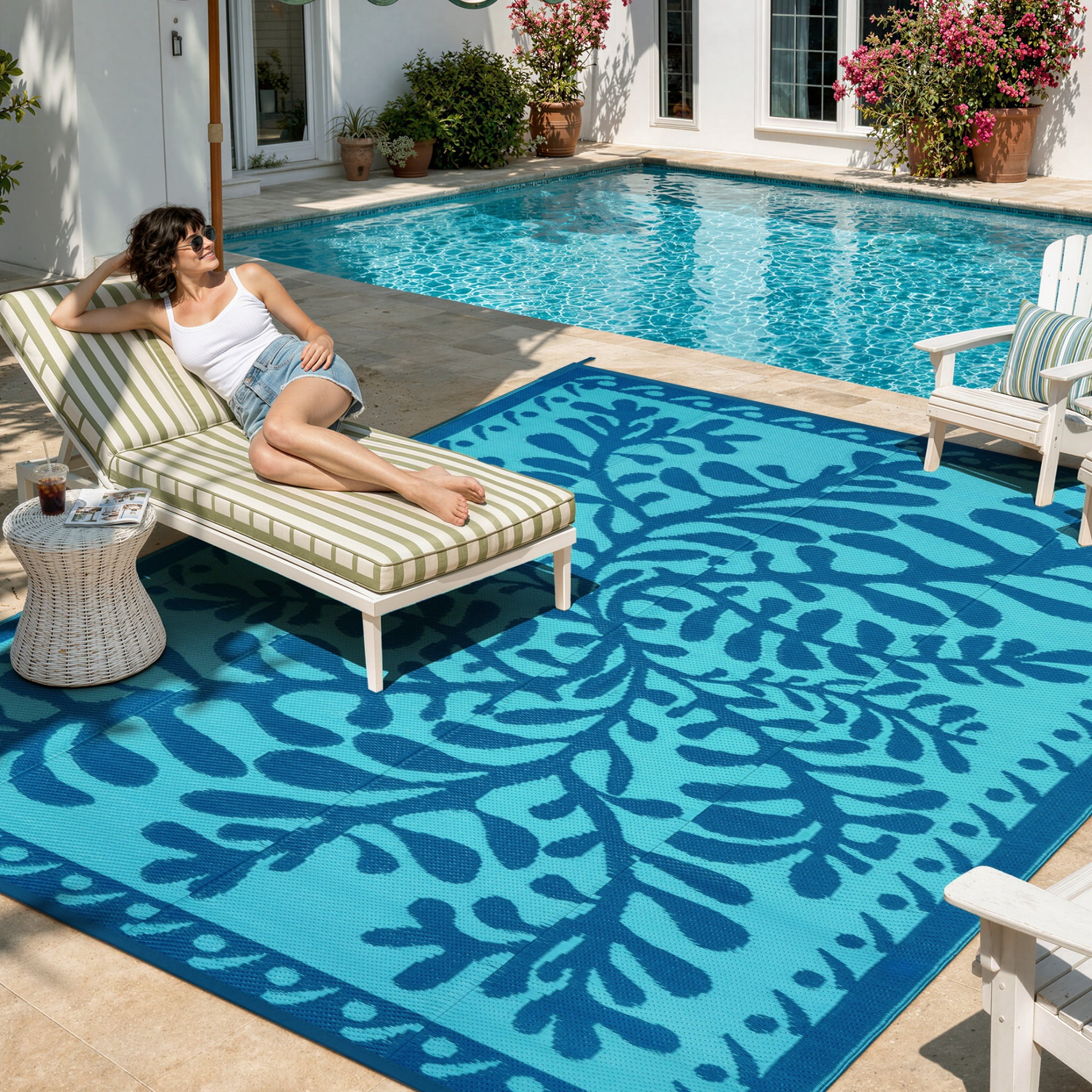 Wonnitar 8'x10' Outdoor Rug Waterproof, Plastic Straw Portable Rugs for Outside, Large Reversible RV Outdoor Carpet,Modern Blue Purple Carpets for Picnic Garden Patio