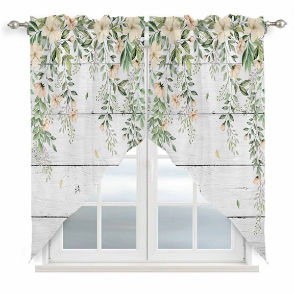 Swag Valance Curtains for Windows, Watercolor Floral Light Filtering Kitchen Curtains, Spring Flowers Leaves Botanical Wood Grain Window Treatment Valances for Living Room, 36x45 - 2 PCS