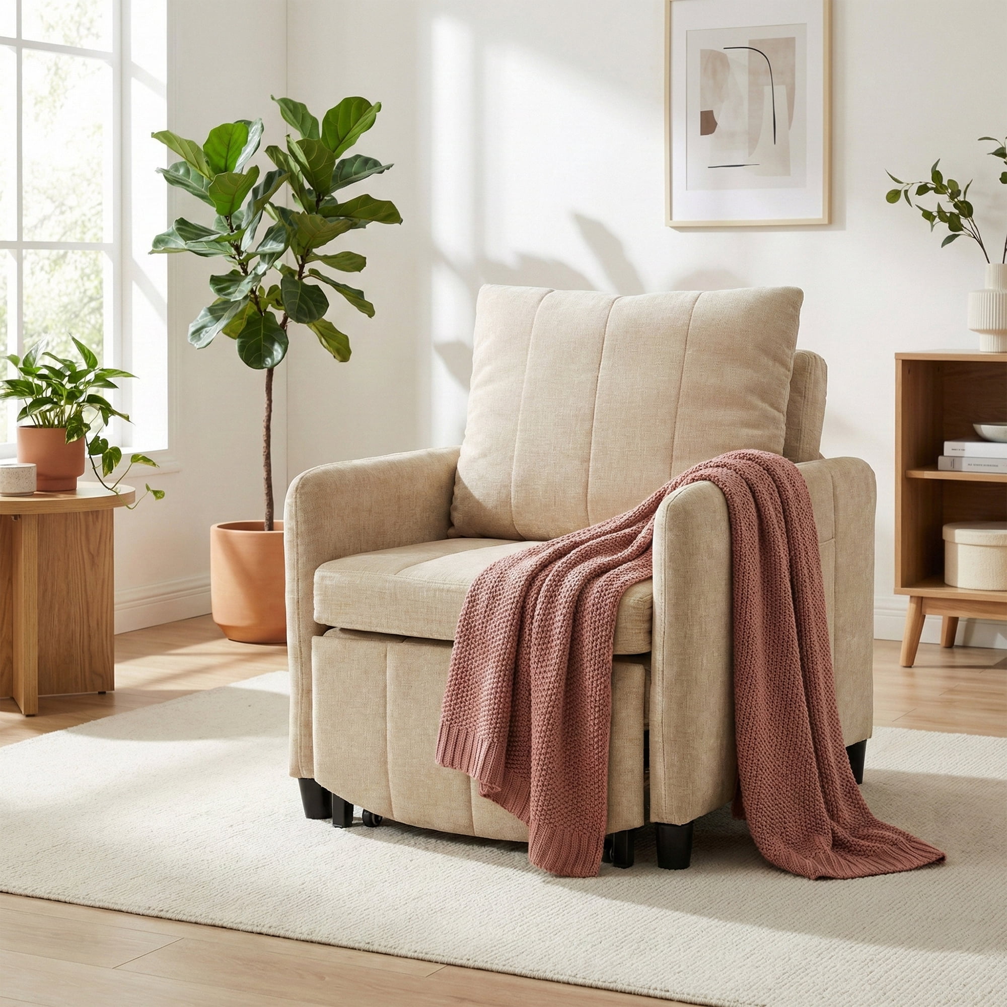 YIKEMA 4-in-1 Convertible Sleeper Chair Bed, 84 Inch Extra Long Pull Out Sofa for Tall Guests, Adjustable Backrest Lounge with Side Storage & Metal Frame, 500 lbs Capacity, Light Brown