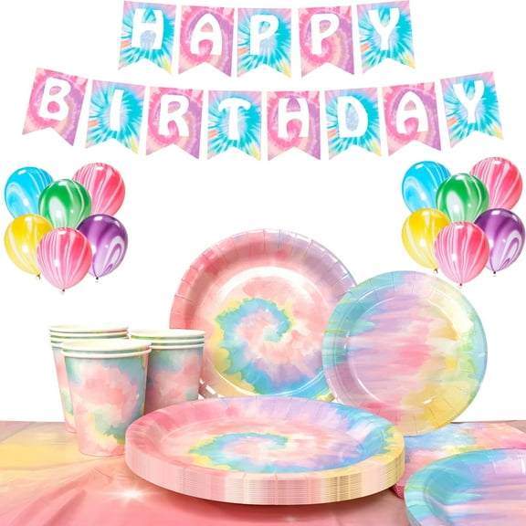 Tie Dye Birthday Party Supplies,138pcs Tie Dye Party Decorations&Tableware Set-Tie Dye Plates and Napkins Cups Tablecloth&Tie Dye Balloons Banner etc Tie Dye Birthday Decorations for Girls Kids