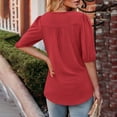 thumbnail image 2 of Fanxing Elbow Length Sleeve Shirts for Women Summer V Neck T Shirt Loose Fit Casual Pleated Tops Red,M, 2 of 8