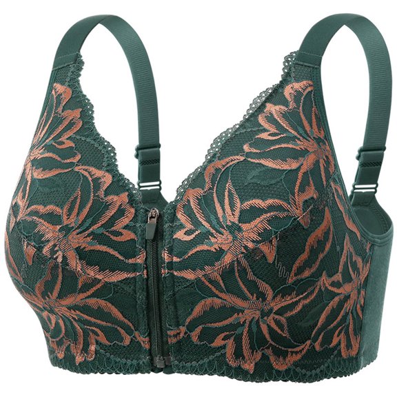 HongQid Plus Size Push Up Bras for Women Lace Full Coverage Gathering Bras Wirefree Front Zipper Everyday Bra Green 2XL