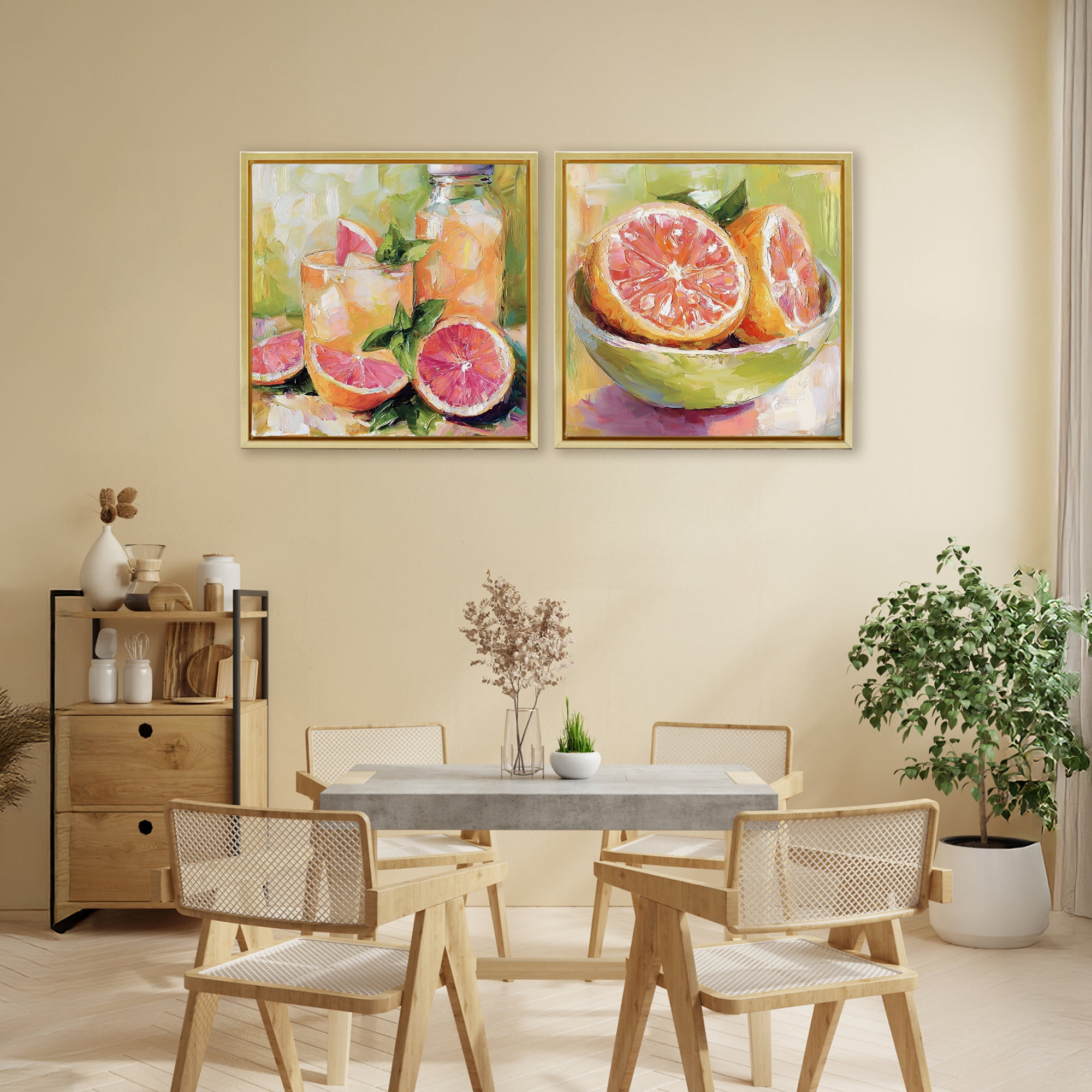 Stupell Industries Grapefruit Drinks & Fruits 2 Piece Gold Framed Floater Canvas Set, design by Riley B