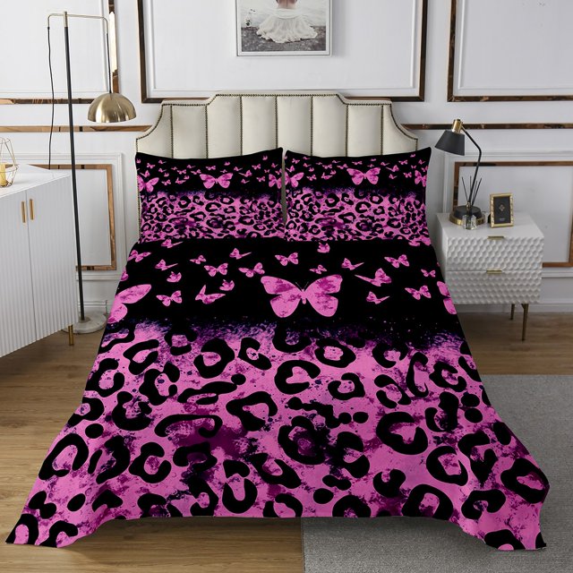 Erosebridal Ensemble de Couvre-Lit Imprimé Léopard Rose Simple, Courtepointe Chic Papillon pour Filles, 2 Pcs