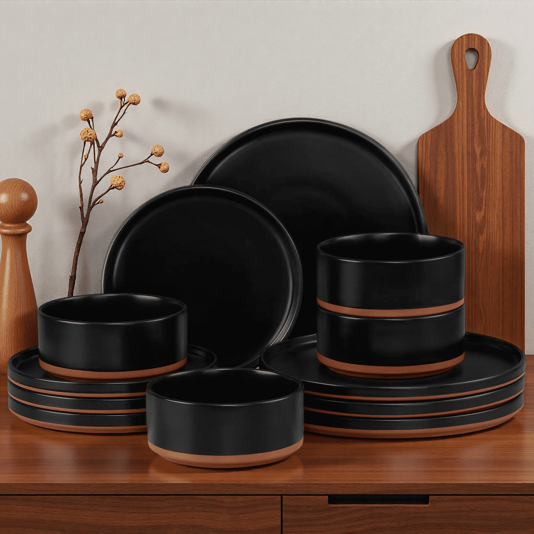 Onader Dinnerware Sets for 4, 12-Piece Plates and Bowls Set, Stoneware Dinning Ware Set for Kitchen, Dishwasher & Microwave Safe, Matte Black