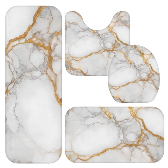 White and Gold Marble Pattern Bathroom Rug Set 4 Piece,Includes Contour,Lid Cover,Bath Mat,Non-Slip Extra Soft Absorbent Washable