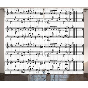Ambesonne Music Curtains 2 Panel Set, Notes on the Clef, 108" x 96", Black and White