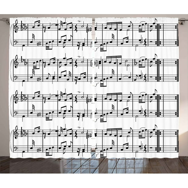 Music Curtains 2 Panels Set, Musical Notes on the Clef Illustration