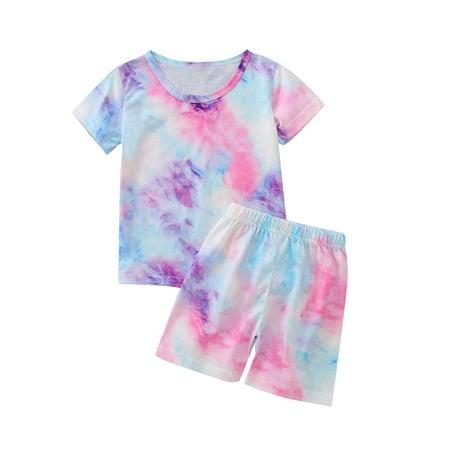

YWDJ 1-7 Years Outfit Sets for Girls Toddler Kids Summer Tie-dye Short-sleeved Shorts Clothes Set Multicolor 140