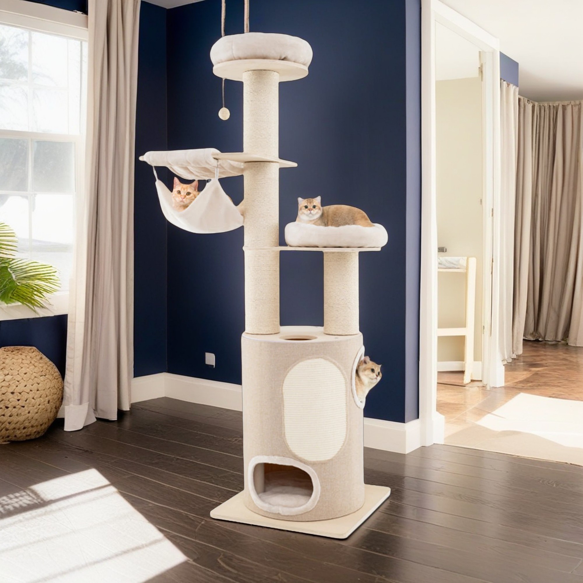 Kadyn 74" Cat Tree with Scratching Post, Cat Tower with 2 Stoery Cat Condo and Top Perch, Multi-Platform Cat Tree House, Beige