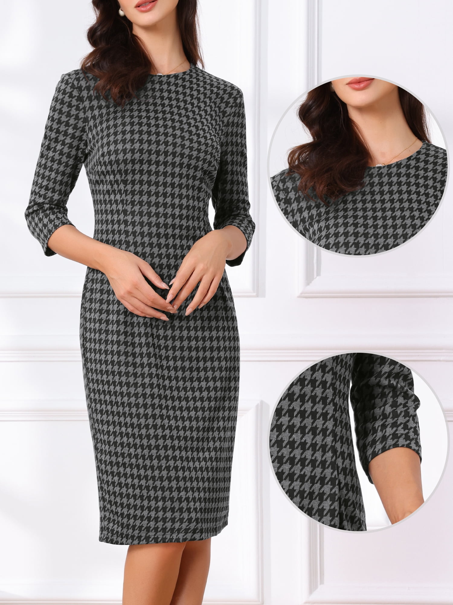 DARING DIVA Vintage Houndstooth 3/4 Sleeve Bodycon Dress M Dark Grey