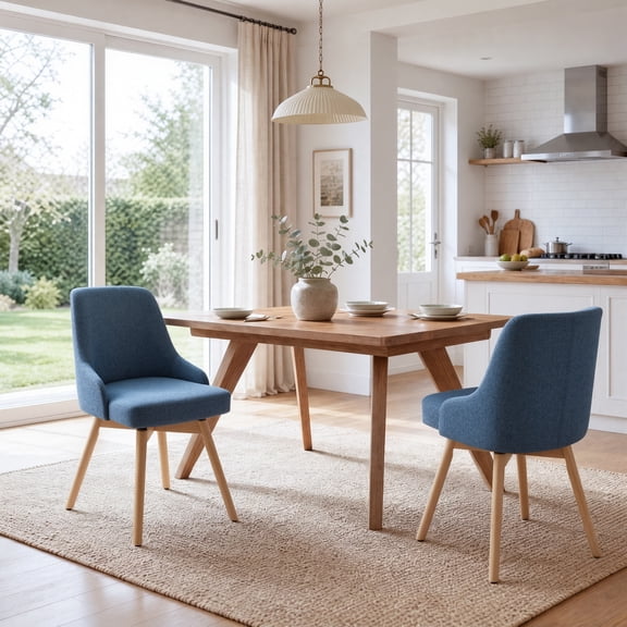 Art Leon Set of 2 Mid-Century Swivel Fabric Upholstered Dining Chairs, Solid Wood Legs for Dining & Home Office, Blue